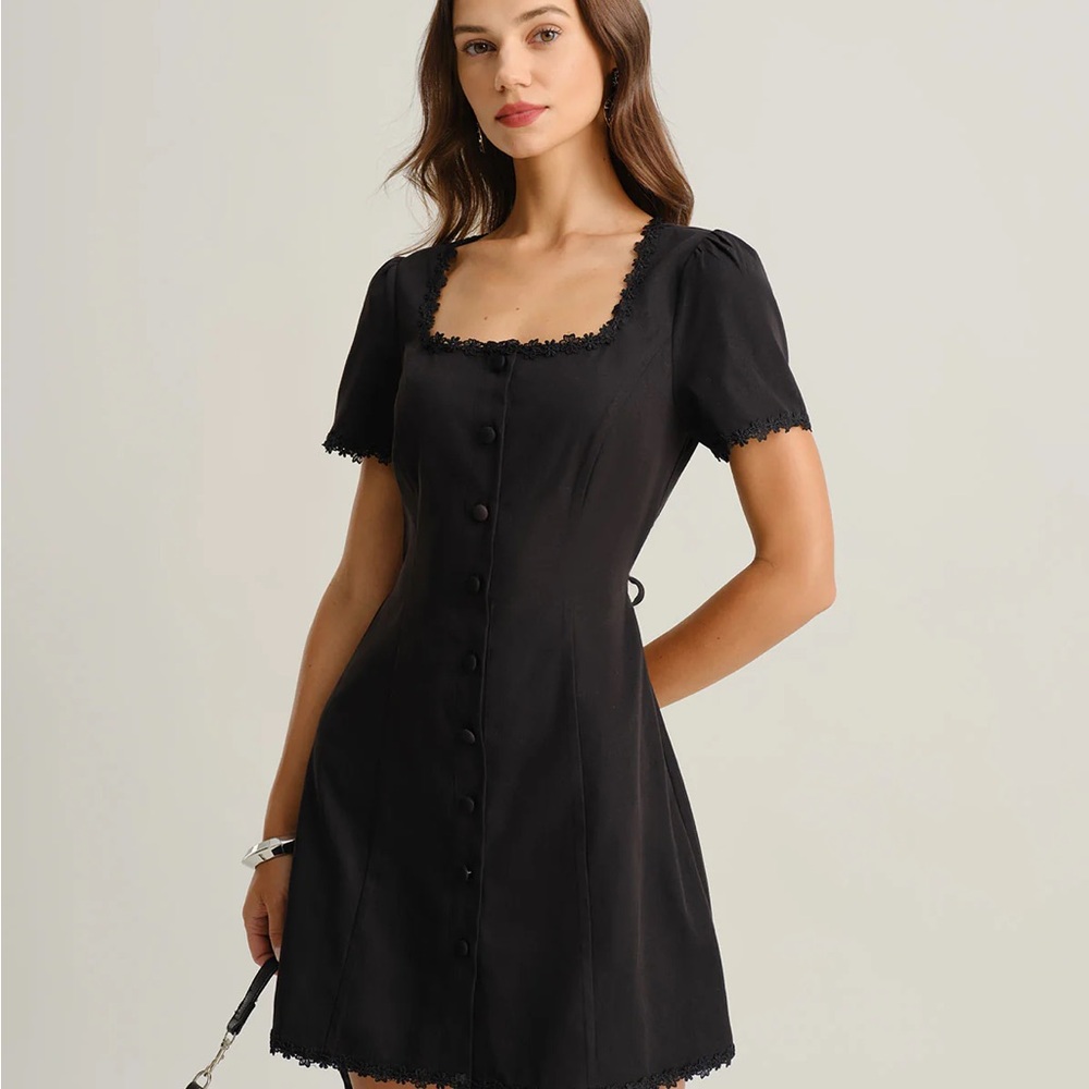 Black Square Neck Button Mini Dress - Picture 2 of 6